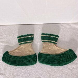 Vintage Handmade Green Beige Crochet Knit Slippers